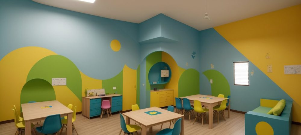 Sala de aula moderna com alunos sorrindo enquanto interagem com jogos de matemática, destacando fórmulas no quadro e ambiente iluminado naturalmente.