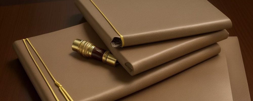 Juiz concentrado analisando documentos em tribunal, rodeado por advogados e delegados, simbolizando justiça no direito processual penal.