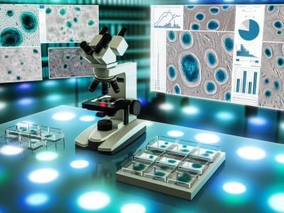 Laboratório moderno com microscópios digitais e amostras celulares, destacando citologia e sua relevância na biologia celular.