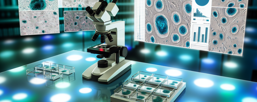 Laboratório moderno com microscópios digitais e amostras celulares, destacando citologia e sua relevância na biologia celular.