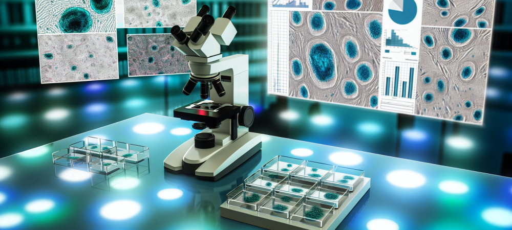 Laboratório moderno com microscópios digitais e amostras celulares, destacando citologia e sua relevância na biologia celular.