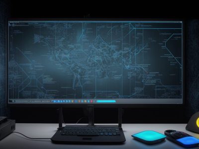 Peritos em um laboratório criminal futurista analisam evidências digitais com computadores e telas interativas, destacando a inovação da análise forense digital.