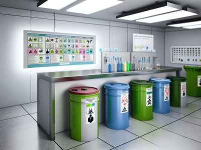 Estação de laboratório moderna com bombonas etiquetadas para descarte de resíduos e tabela ao fundo, enfatizando segurança ambiental.