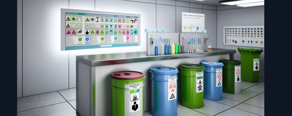 Estação de laboratório moderna com bombonas etiquetadas para descarte de resíduos e tabela ao fundo, enfatizando segurança ambiental.