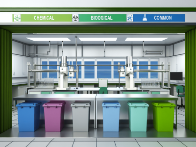 Um laboratório moderno e bem iluminado com recipientes coloridos para descarte responsável de resíduos químicos, biológicos e comuns.