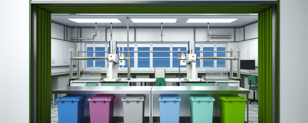 Um laboratório moderno e bem iluminado com recipientes coloridos para descarte responsável de resíduos químicos, biológicos e comuns.
