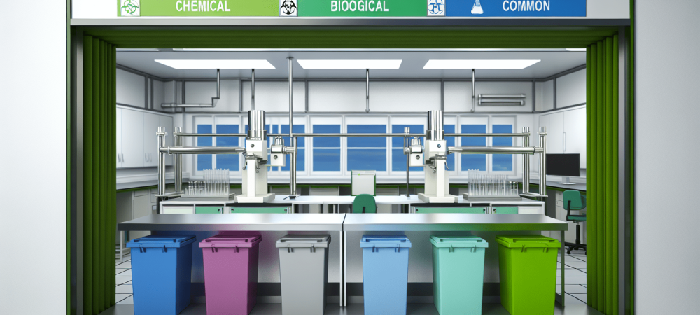Um laboratório moderno e bem iluminado com recipientes coloridos para descarte responsável de resíduos químicos, biológicos e comuns.