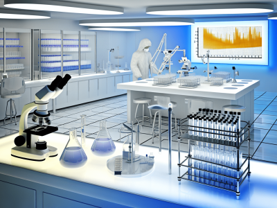 Um laboratório microbiológico moderno com frascos, microscópios e gráficos mostrando importância da microbiologia clinica