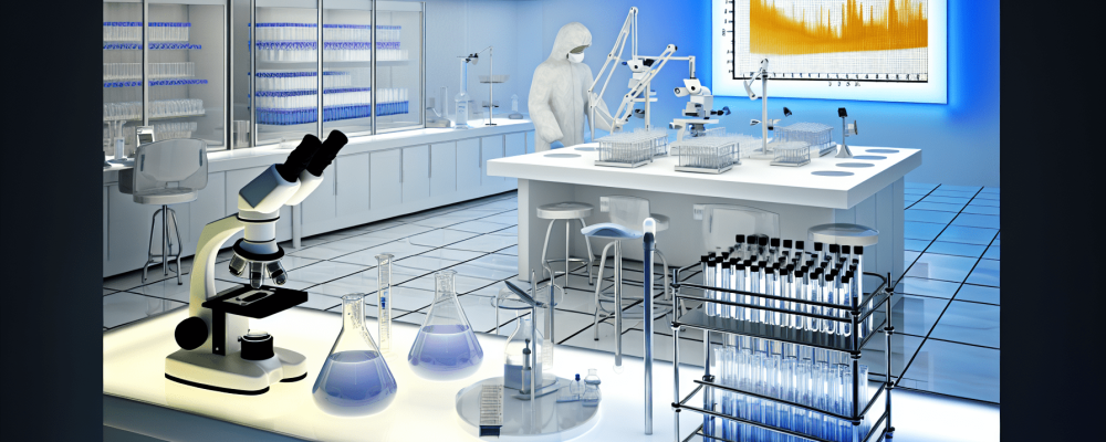 Um laboratório microbiológico moderno com frascos, microscópios e gráficos mostrando importância da microbiologia clinica