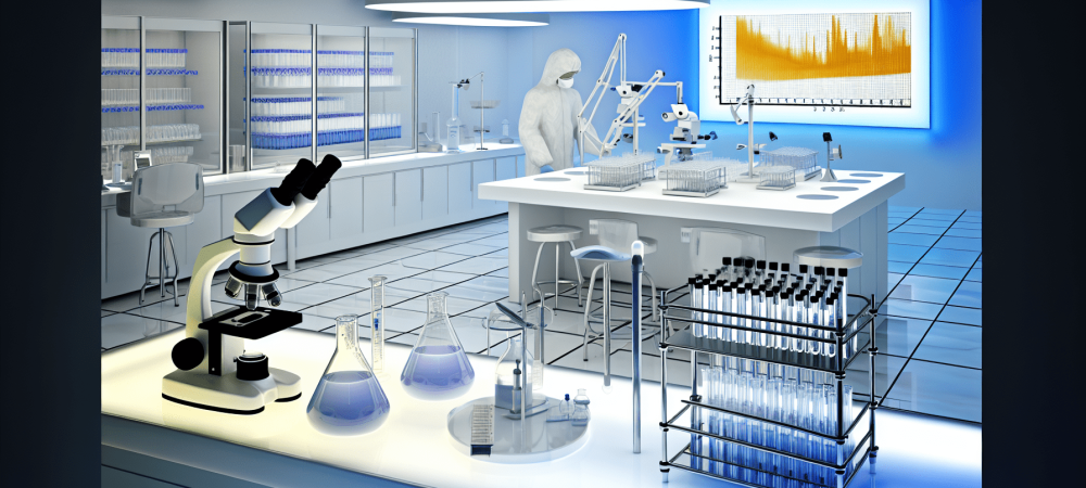 Um laboratório microbiológico moderno com frascos, microscópios e gráficos mostrando importância da microbiologia clinica