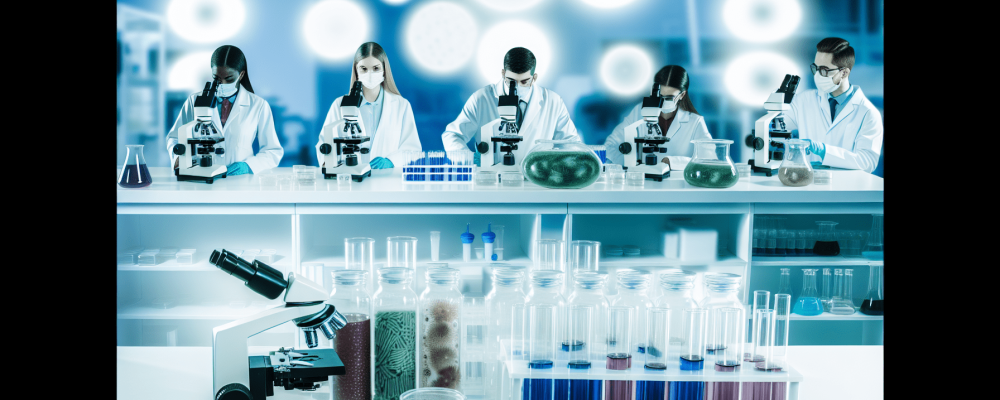Cientistas observando bactérias e fungos em laboratório moderno equipado com equipamentos avançados