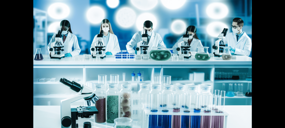 Cientistas observando bactérias e fungos em laboratório moderno equipado com equipamentos avançados