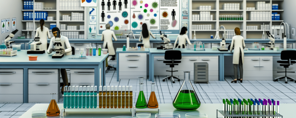 Laboratório moderno de microbiologia com cientistas e equipamentos de segurança, destacado no curso de microbiologia online.