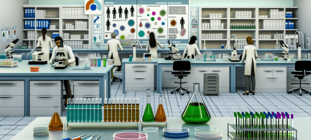 Laboratório moderno de microbiologia com cientistas e equipamentos de segurança, destacado no curso de microbiologia online.