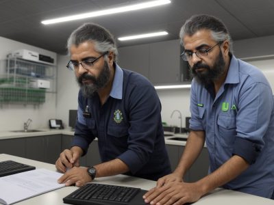 Laboratório modernizado de criminalística com equipamentos de alta tecnologia e computadores exibindo dados.