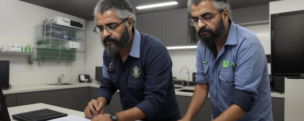 Laboratório modernizado de criminalística com equipamentos de alta tecnologia e computadores exibindo dados.