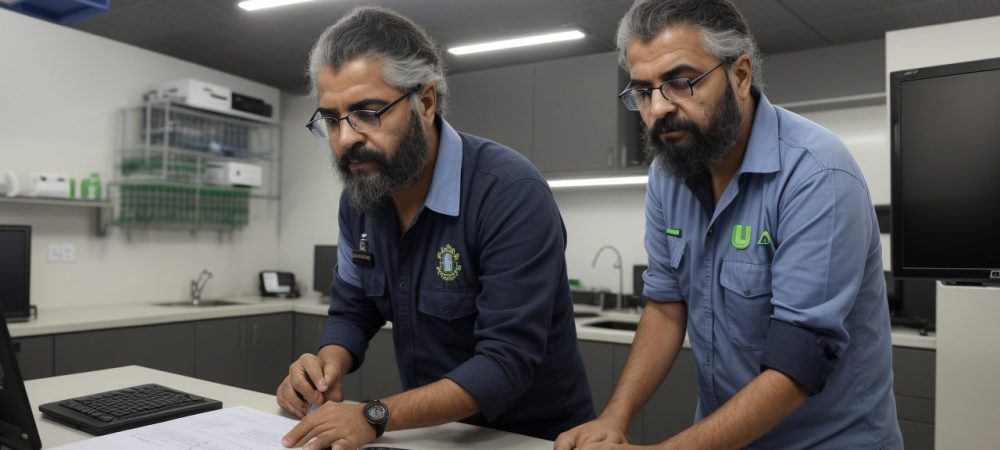Laboratório modernizado de criminalística com equipamentos de alta tecnologia e computadores exibindo dados.