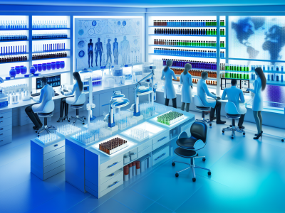 Laboratório forense com especialistas analisando amostras usando equipamentos modernos, iluminado com luzes azuis e brancas para rigor científico.