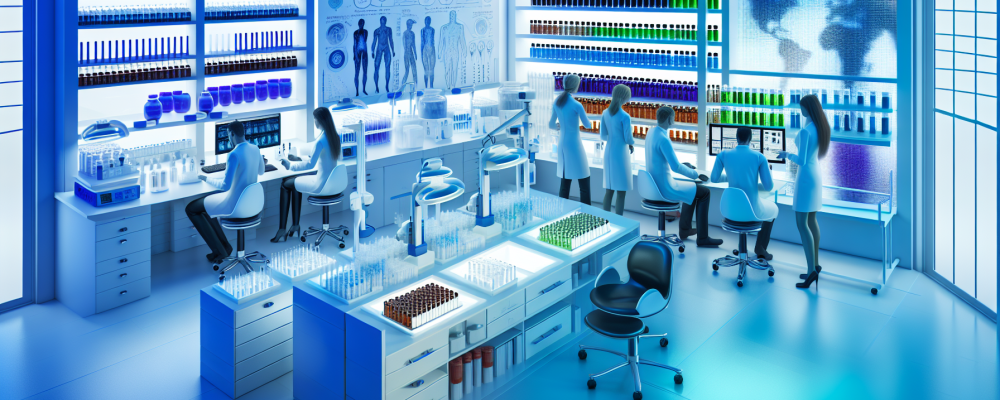 Laboratório forense com especialistas analisando amostras usando equipamentos modernos, iluminado com luzes azuis e brancas para rigor científico.