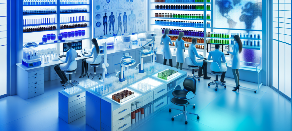 Laboratório forense com especialistas analisando amostras usando equipamentos modernos, iluminado com luzes azuis e brancas para rigor científico.