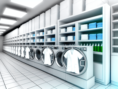 Uma lavanderia hospitalar organizada com máquinas em funcionamento e roupas brancas simbolizando segurança e higienização.