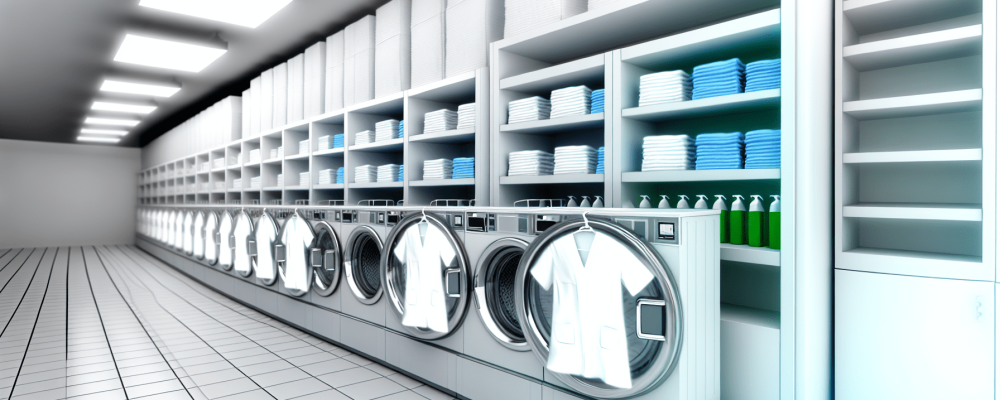 Uma lavanderia hospitalar organizada com máquinas em funcionamento e roupas brancas simbolizando segurança e higienização.