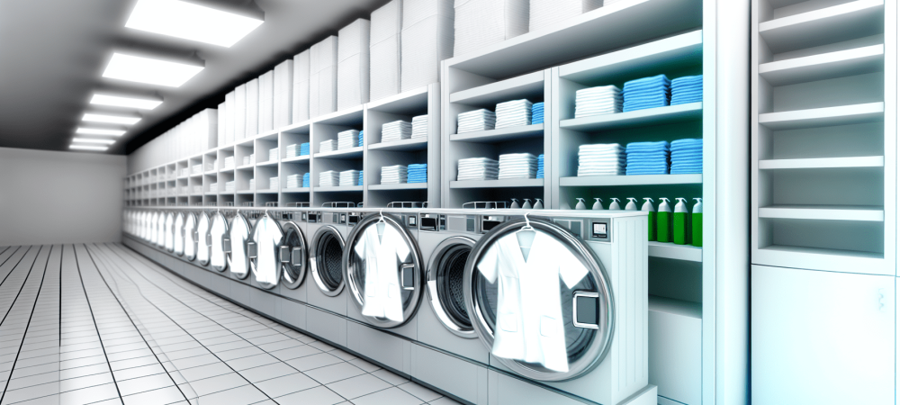 Uma lavanderia hospitalar organizada com máquinas em funcionamento e roupas brancas simbolizando segurança e higienização.