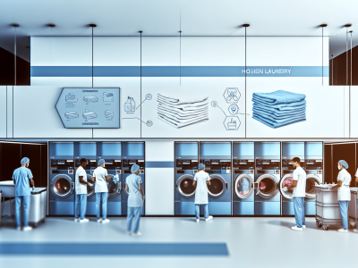 Lavanderia hospitalar moderna com equipamentos avançados e produtos especializados, destacando eficiência e segurança.