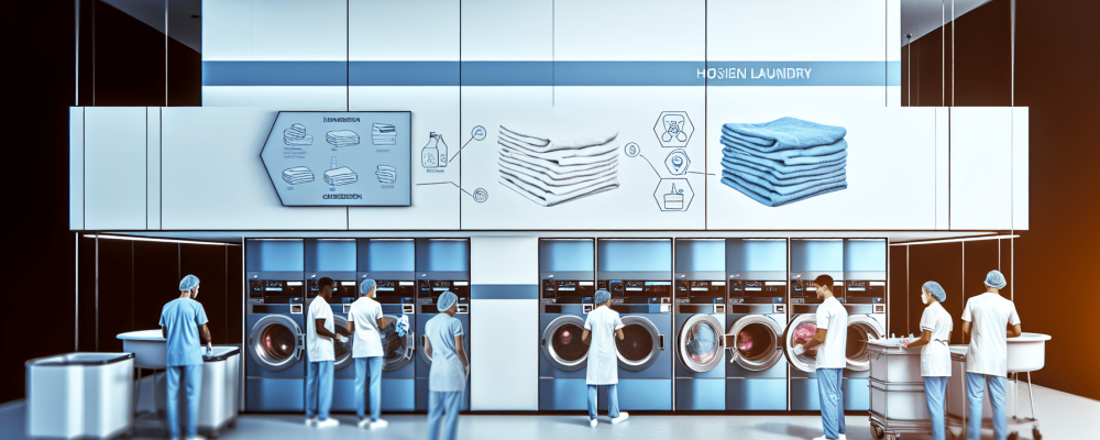 Lavanderia hospitalar moderna com equipamentos avançados e produtos especializados, destacando eficiência e segurança.