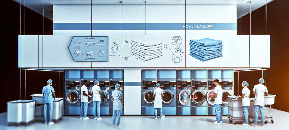 Lavanderia hospitalar moderna com equipamentos avançados e produtos especializados, destacando eficiência e segurança.