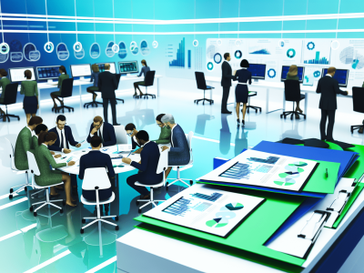 Gestores e educadores analisando legislação em sala moderna com paleta de azul e verde