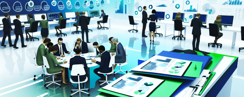 Gestores e educadores analisando legislação em sala moderna com paleta de azul e verde