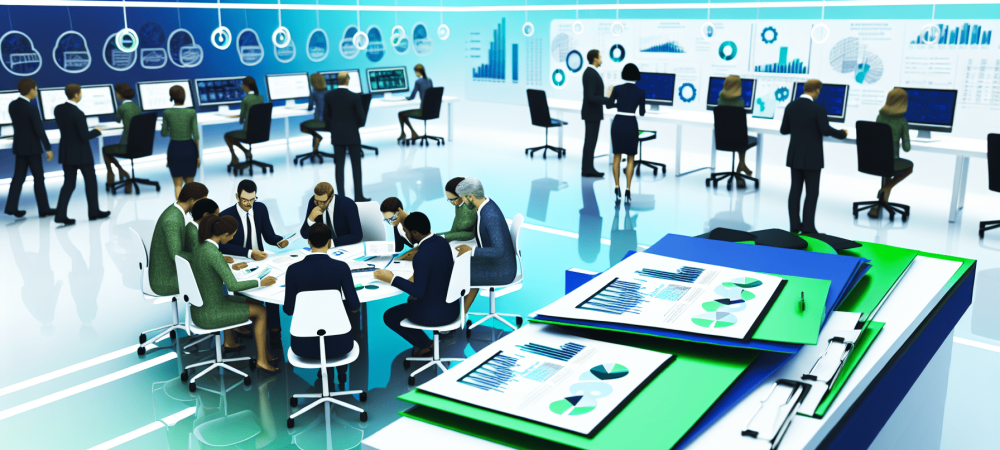 Gestores e educadores analisando legislação em sala moderna com paleta de azul e verde