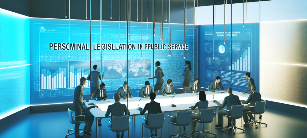 Profissionais discutem legislação de pessoal em sala moderna com gráficos e painéis interativos