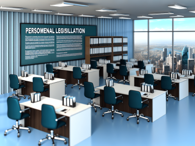 Escritório governamental moderno com mural sobre legislação de pessoal, simbolizando transparência.