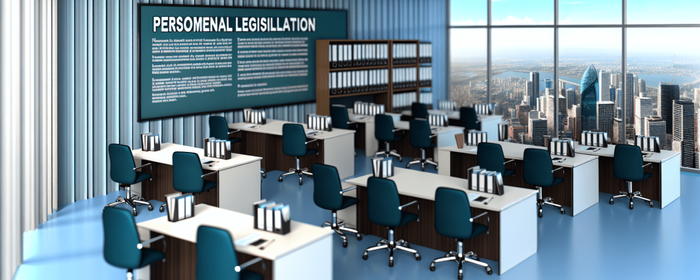 Escritório governamental moderno com mural sobre legislação de pessoal, simbolizando transparência.