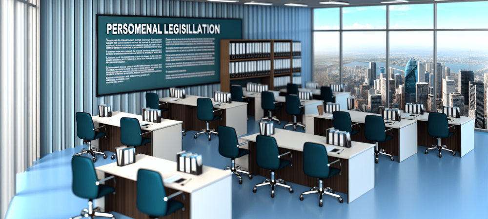 Escritório governamental moderno com mural sobre legislação de pessoal, simbolizando transparência.