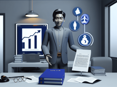 Servidor público cercado por documentos legais e gráficos, simbolizando a Lei nº 8.112/90 em um escritório moderno.