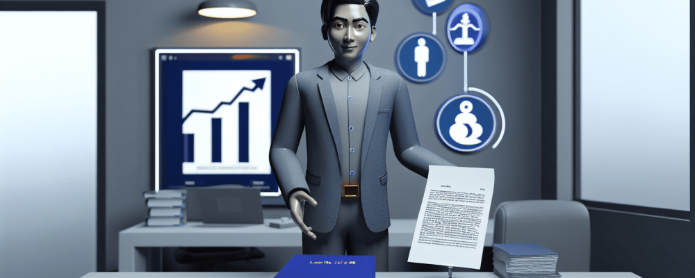 Servidor público cercado por documentos legais e gráficos, simbolizando a Lei nº 8.112/90 em um escritório moderno.