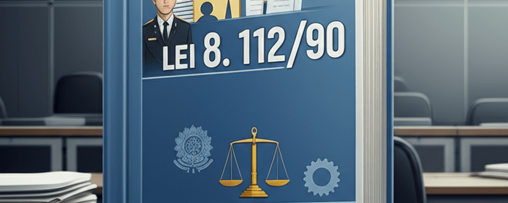 Ilustração representando a Lei 8.112/90 com ícones de servidores públicos, documentos legais e justiça