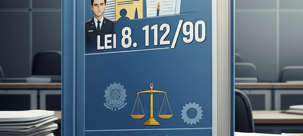 Ilustração representando a Lei 8.112/90 com ícones de servidores públicos, documentos legais e justiça