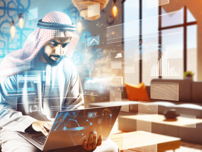 Cidadão empoderado acessando portal governamental sobre Lei de Acesso à Informação em sala moderna