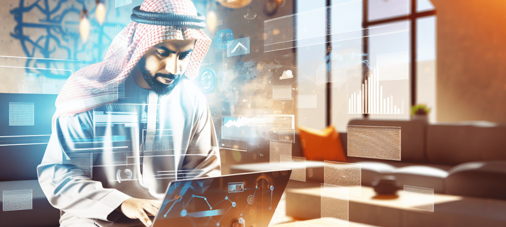 Cidadão empoderado acessando portal governamental sobre Lei de Acesso à Informação em sala moderna