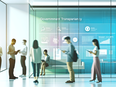 Escritório moderno com estudantes e profissionais interagindo em ambiente colaborativo sobre a lei de acesso à informação.