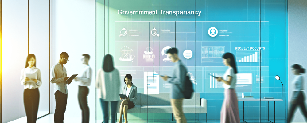 Escritório moderno com estudantes e profissionais interagindo em ambiente colaborativo sobre a lei de acesso à informação.