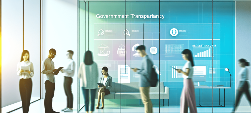 Escritório moderno com estudantes e profissionais interagindo em ambiente colaborativo sobre a lei de acesso à informação.