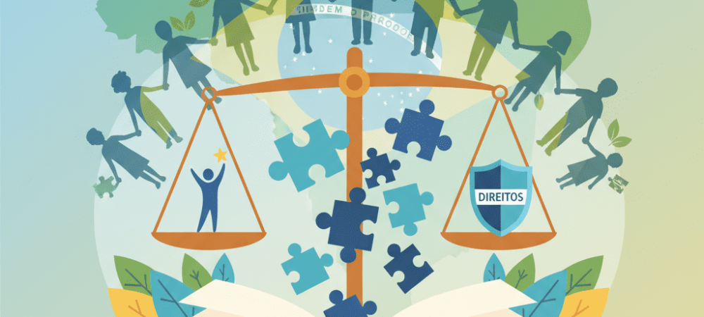 Ilustração representando a Lei Berenice Piana com símbolos de inclusão, educação e direitos das pessoas com Transtorno do Espectro Autista