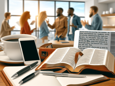 Mesa de trabalho com caderno aberto na Bíblia, caneta, café e colegas discutindo a Bíblia online, simbolizando harmonia e crescimento.