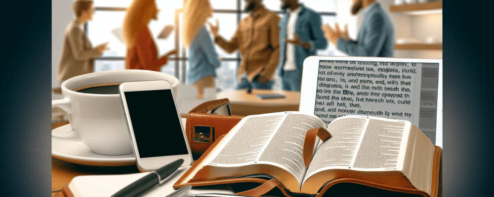 Mesa de trabalho com caderno aberto na Bíblia, caneta, café e colegas discutindo a Bíblia online, simbolizando harmonia e crescimento.
