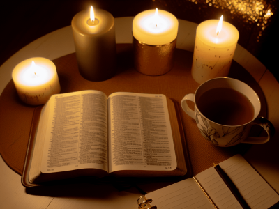 Uma mesa de leitura com uma Bíblia aberta, cercada por velas e um caderno de anotações, criando um ambiente de reflexão e autoconhecimento.